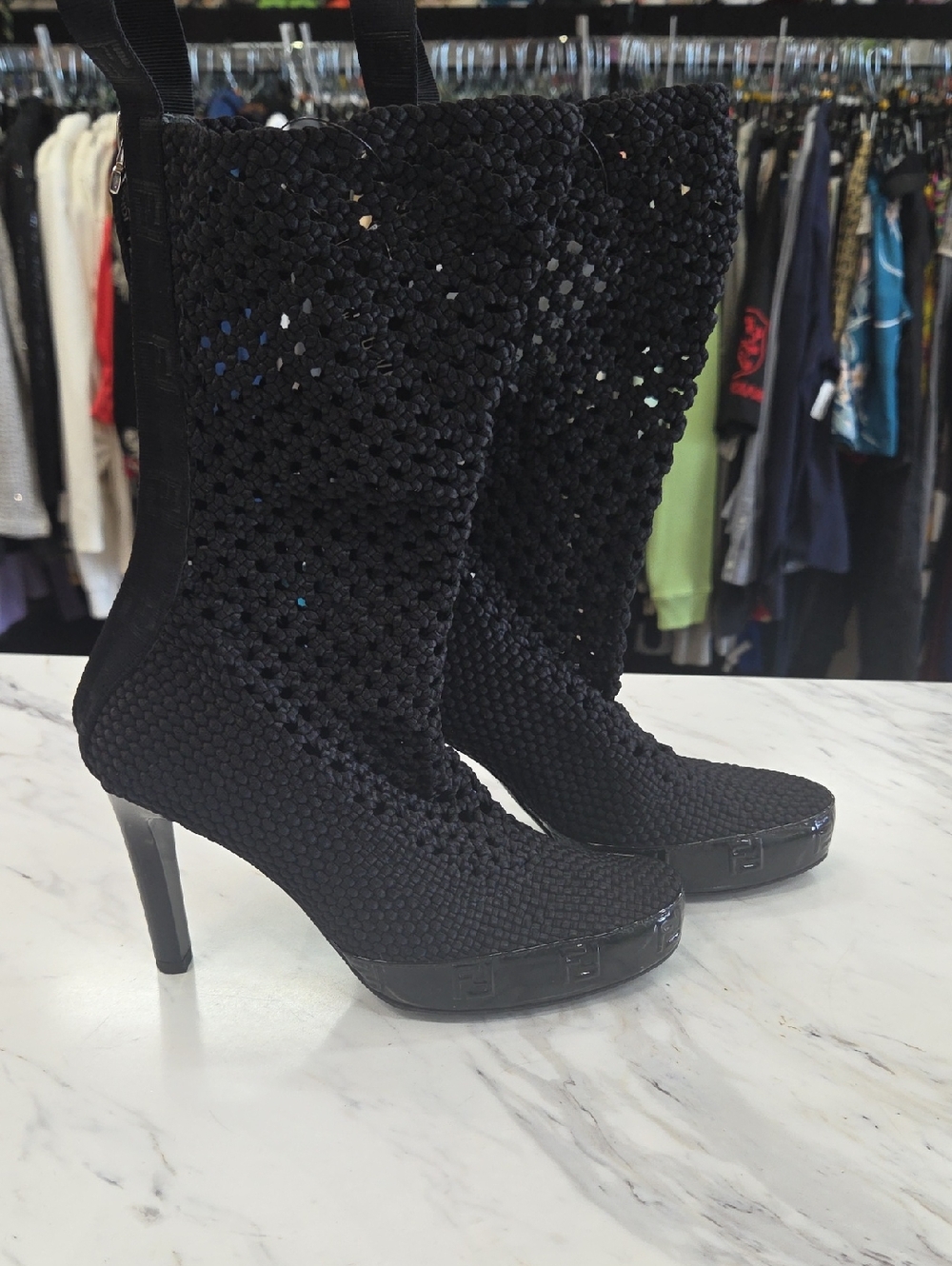 Fendi Black Crochet Knit Mid-Calf High-Heel Boots